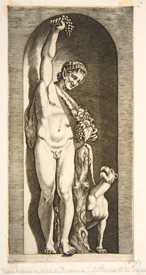 A faun standing in a niche holding aloft a bunch of grapes with his right hand and fruit with his left hand, a dog lower right MET DP818701