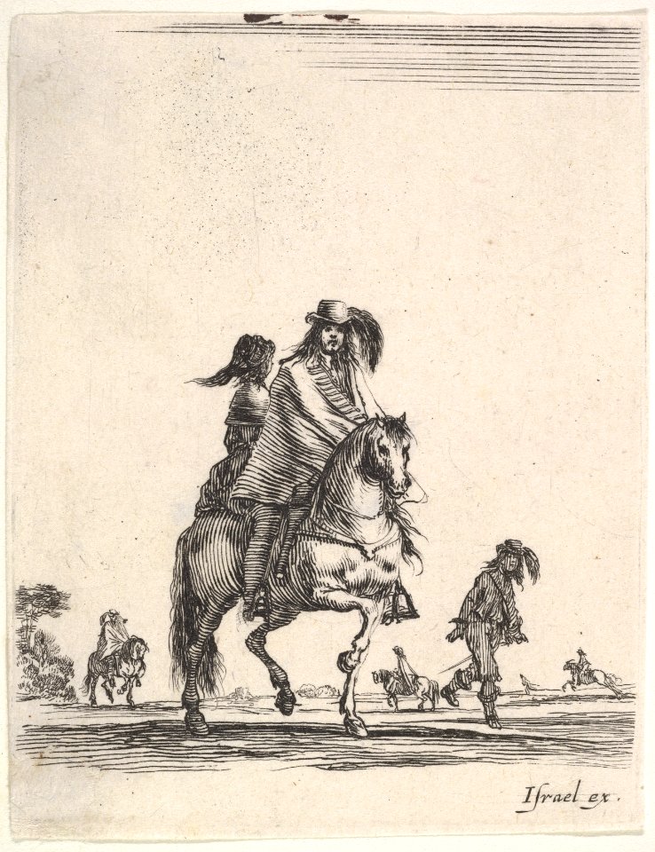 A horseman and his wife, seated side-saddle behind him, riding towards the right, other horsemen and footsoldiers in the background, from 'Various cavalry exercises' (Diverses exercices de cavalerie) MET DP833138