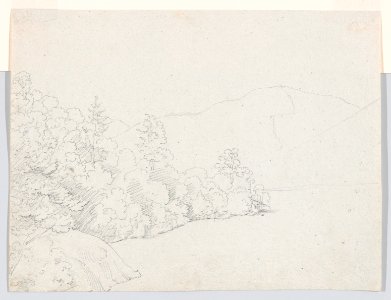 A House near a Grotto and a Roadside Chapel at Lake Nemi, with a View of Genzano from the North; verso- Sketch of Trees on the Border of a Lake, with Mountains in the Background MET DP873688