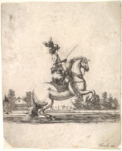A horseman atop a rearing horse, in profile and turned towards the right, gardens in the background, from 'Various cavalry exercises' (Diverses exercices de cavalerie) MET DP833133