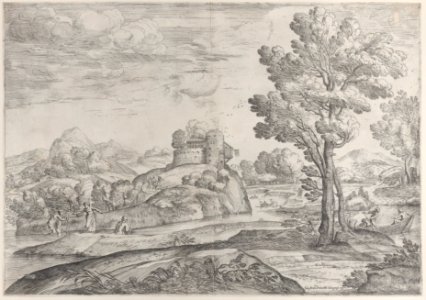 A house atop a round rock at center, people in the river and in canoes throughout Met DP885630