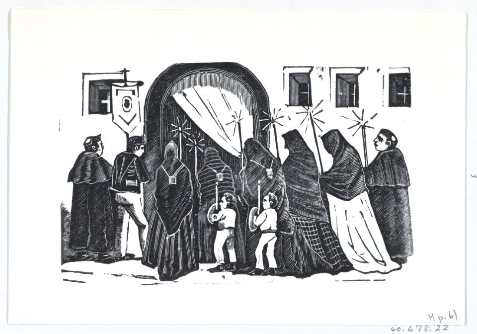 A holy procession with figures in black cloaks holding candles MET DP874469
