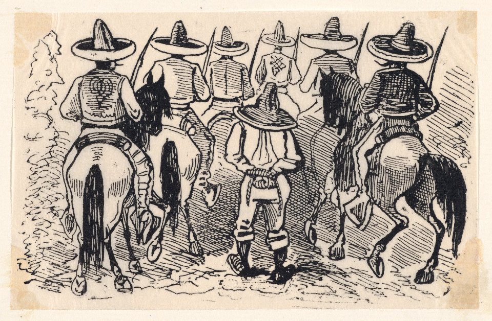 A group of Zapata followers on horseback from a broadside entitled 'Most wonderful miracle by the intercession of Our Most Blessed Lady of Perpetual Help worshipped in Cholula' MET DP869403