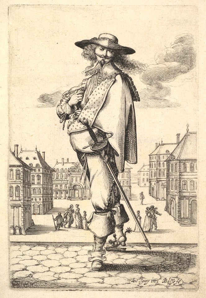 A gentleman, turned three-quarters to the left, wearing a hat and boots with spurs, carrying a sword in his belt, a town square in the background MET DP829201