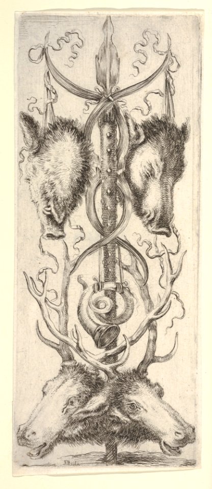 A hunting trophy, two wild boar heads above, two deer heads below, a from 'Ornaments or Grotesques' (Ornamenti o Grottesche) MET DP833540