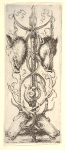 A hunting trophy, two wild boar heads above, two deer heads below, a from 'Ornaments or Grotesques' (Ornamenti o Grottesche) MET DP833540