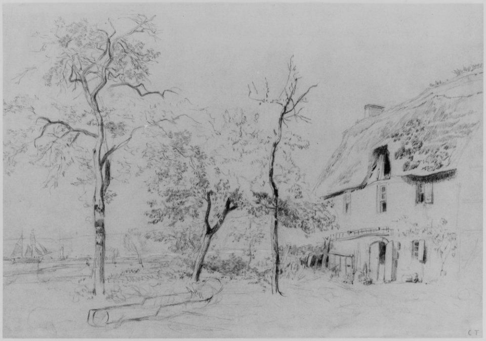 A Farmhouse with a Thatched Roof and Trees Beside a River MET 264990 1996.582.4