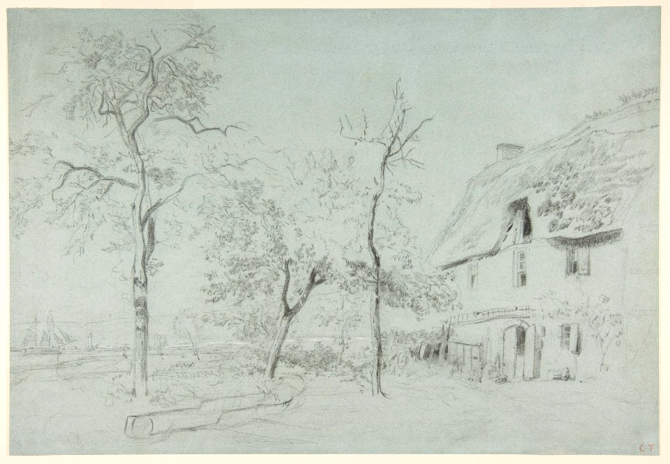 A Farmhouse with a Thatched Roof and Trees Beside a River MET DP812257