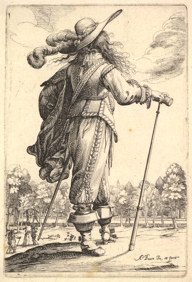 A gentleman, seen from behind, walking towards the right with a cane and wearing a plumed hat MET DP829195