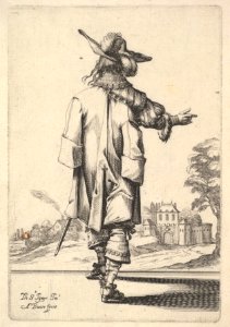 A gentleman, seen from behind, with his right arm outstretched and a cloak over his left shoulder MET DP829196