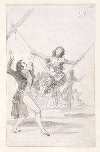 A girl on a swing, a man with his arms raised at the left Met DP888179