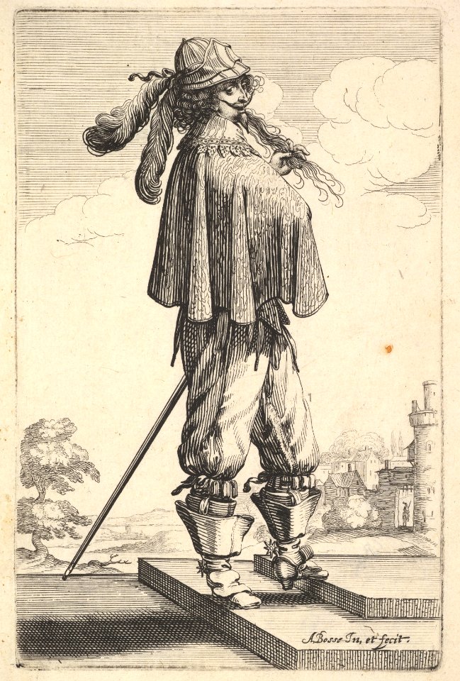 A gentleman wearing a short coat, a helmet, and boots with spurs, standing on the steps and turned towards the right MET DP829194