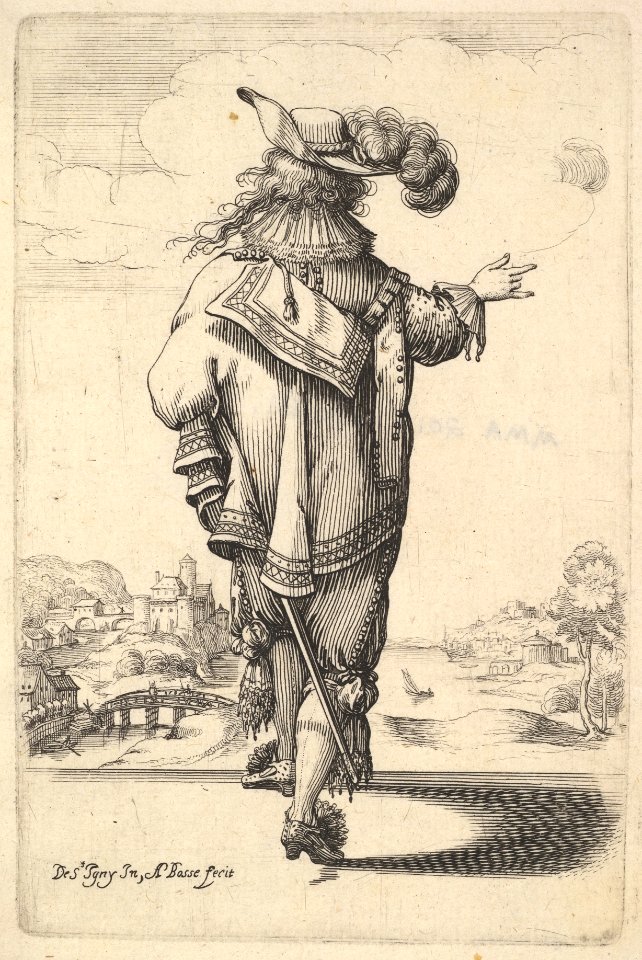 A gentleman wearing a plumed hat and carrying a sword, seen from behind, his right arm outstrestched, a landscape in the background with houses and a tower MET DP829199