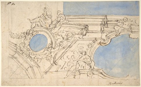 A Foreshortened View of a Ceiling Corner Decorated with Statues, Putti and Garlands MET DP809935