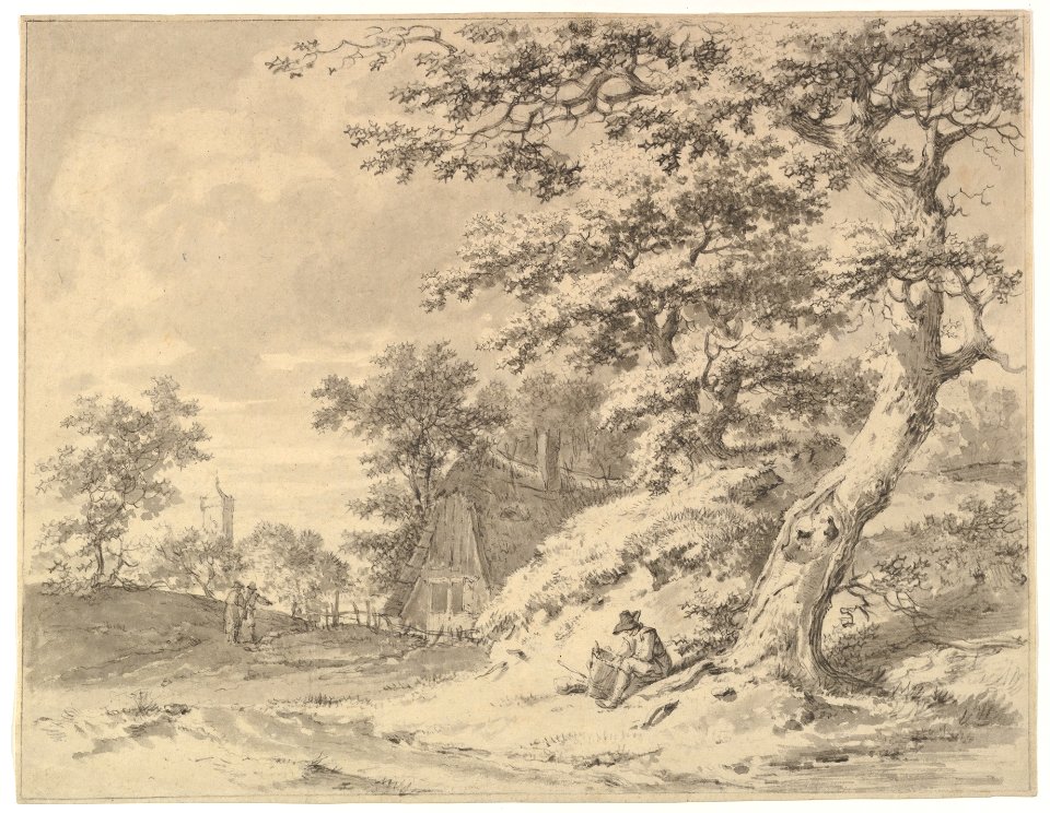 A Forest Edge with Peasants and a Village in the Background; verso- Landscape Sketch MET DP819928