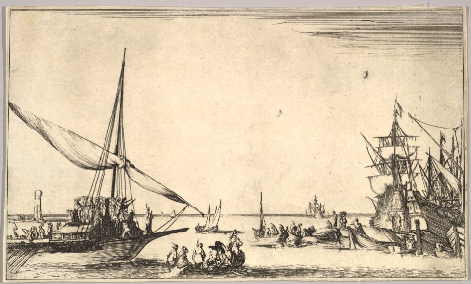 A galley arriving at port to left, several rowboats in center, ships at port to right, from 'Set of eight nautical landscapes' (Suite de huit Marines) MET DP829693