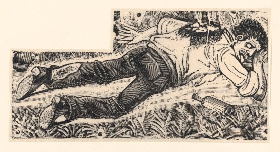 A drunken man with a bottle at his side in a field MET DP869600