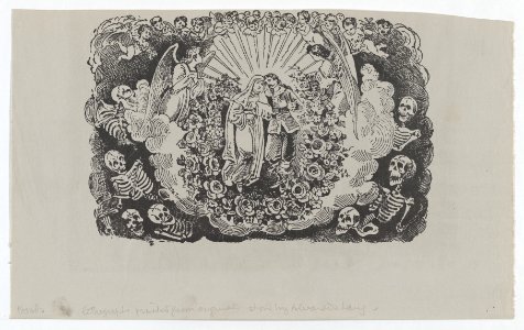 A female saint standing with a cavalier and surrounded by angels and skeletons MET DP869612
