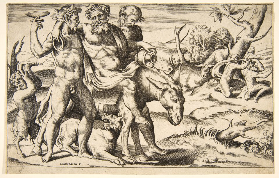 A drunken Silenus riding an ass being supported by satyrs MET DP812468