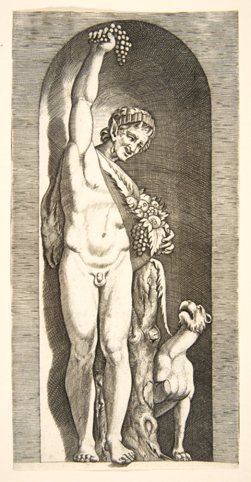 A faun standing in a niche holding aloft a bunch of grapes with his right hand and fruit with his left hand, a dog lower right MET DP818716