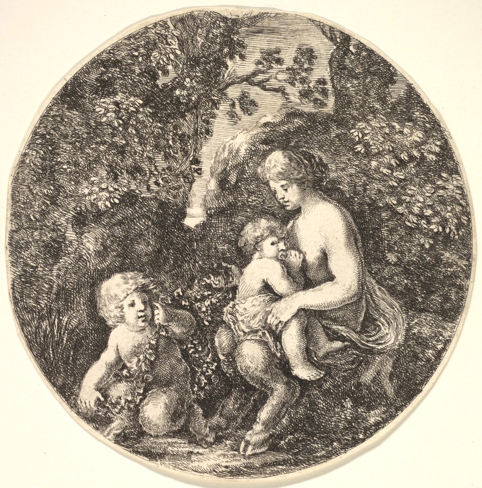 A female satyr breastfeeding an child to the right, turned towards the left, a satyr child on the ground to the left, from 'Landscapes and seaports' (Paysages et ports de mer, dans des ronds) MET DP829705