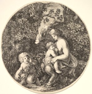 A female satyr breastfeeding an child to the right, turned towards the left, a satyr child on the ground to the left, from 'Landscapes and seaports' (Paysages et ports de mer, dans des ronds) MET DP829705