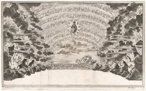A female figure in glory at center, surrounded by burning rocks; below Cupid sailing on a burning chariot; set design from 'Il Pomo D'Oro' MET DP874694