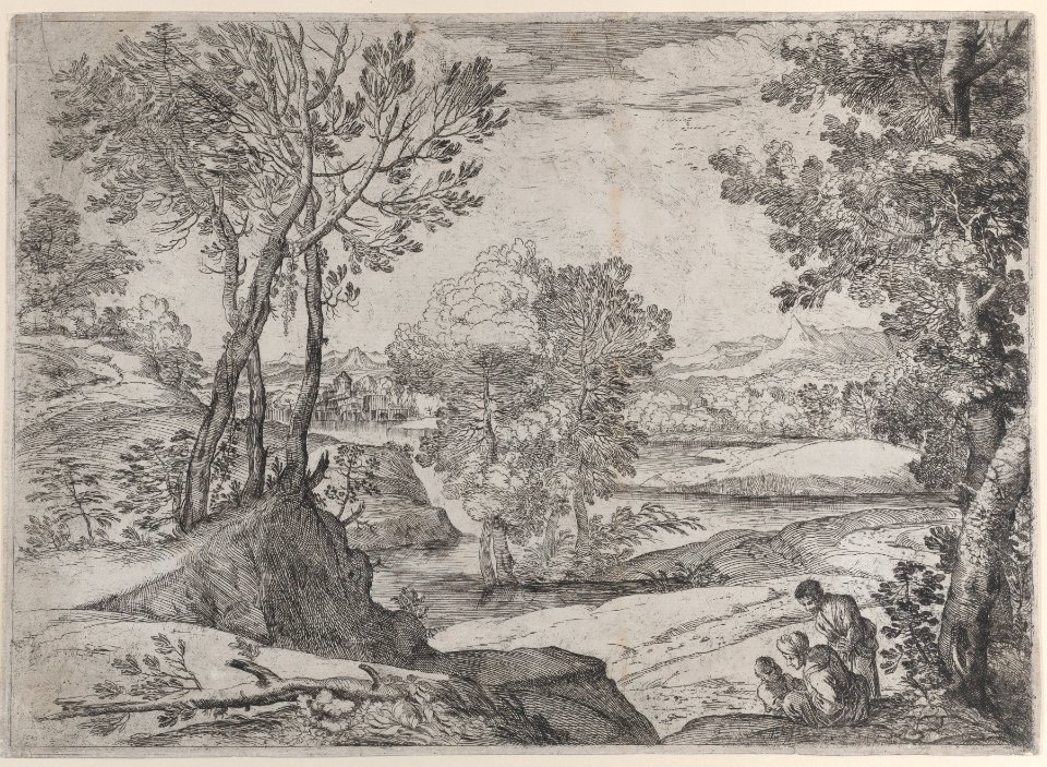 A family seated alongside a river Met DP885627