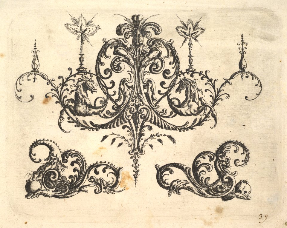 A fantastic chandelier with burning candles and arabesques, some ending in fantastic horse forms, plates from the Neue Grotessken Buch MET DP828572