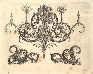 A fantastic chandelier with burning candles and arabesques, some ending in fantastic horse forms, plates from the Neue Grotessken Buch MET DP828572