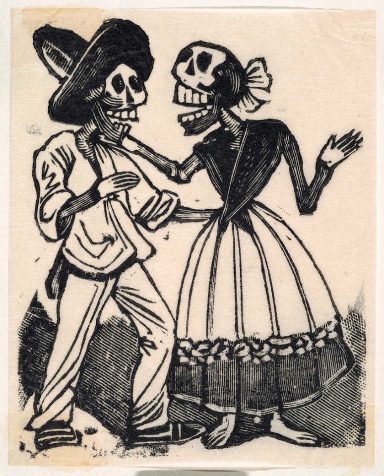 A skeleton in farming clothes speaking to a skeleton in a dress, from a broaside entitled 'La Calavera de Cupido', published by Antonio Vanegas Arroyo. MET DP869223-1
