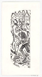 A skeleton running with a crowbar in his hand, from a broadside entitled ' Calavera llorando el hueso' MET DP869426