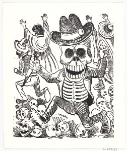 A skeleton holding a knife leaping over a pile of skulls, people flee in the background, from a broadside entitled 'Las bravisimas calaveras Guatemaltecas' MET DP869422