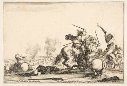 A skirmish, two horsemen battling with swords to the right, men carrying a flag running away towards the right, a dead man on the ground and a horseman seen from behind to the left, from 'Varie figure' MET DP817555