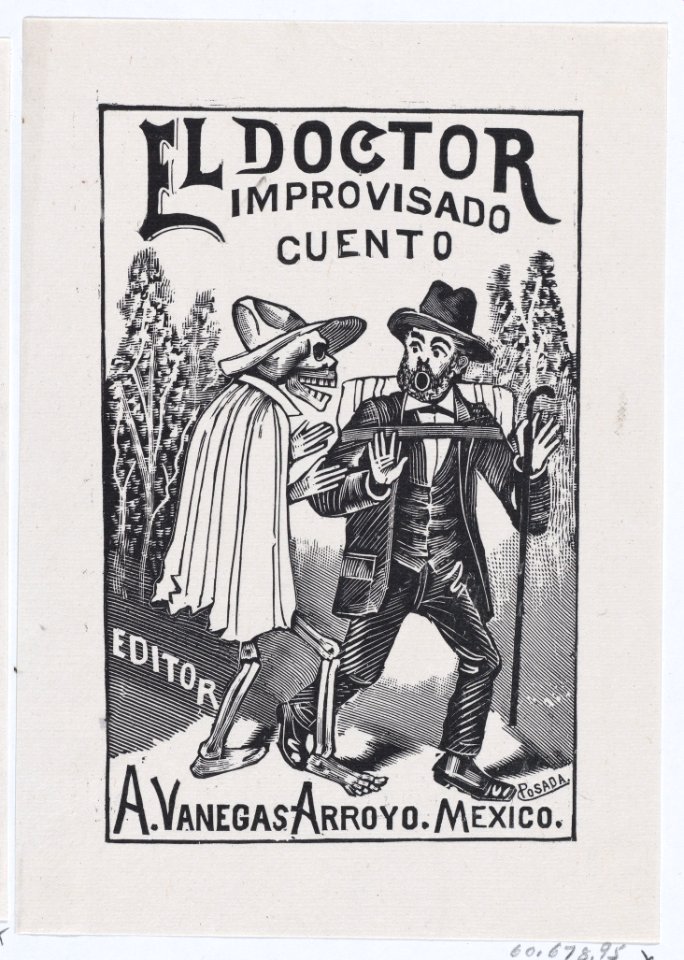 A skeleton wearing a cape speaking to a frightened man with a cane and backpack, illustration for 'El Doctor Improvisado (The Impromptu Doctor)' edited by Antonio Vanegas Arroyo MET DP869503