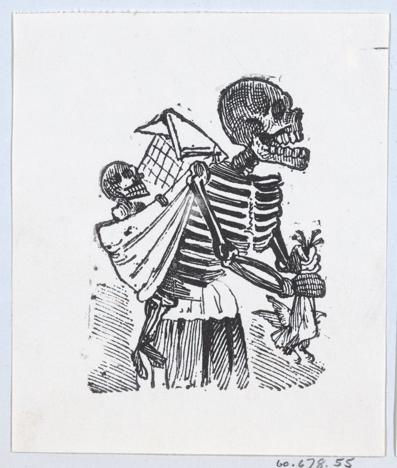 A skeleton picking crops in a field while carrying a baby skeleton on her back MET DP869240-1