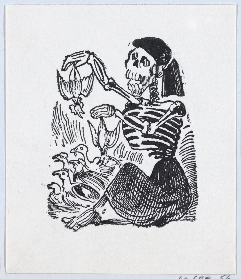 A skeleton selling plucked chickens from a broadside entitled 'Una Calavera Chusca' MET DP869241-1