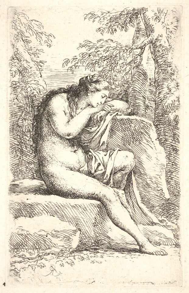 A semi-nude woman seated resting her head on a rock, from the series 'Figurine' MET DP832606