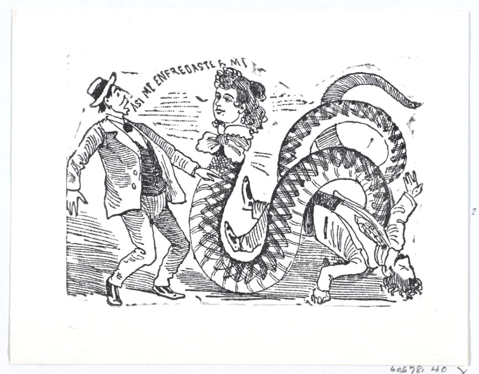A snake with a woman's head slithering towards a scared man, an illustration from 'The Ballad of the Snake Woman' (reprinted 1930) MET DP869397