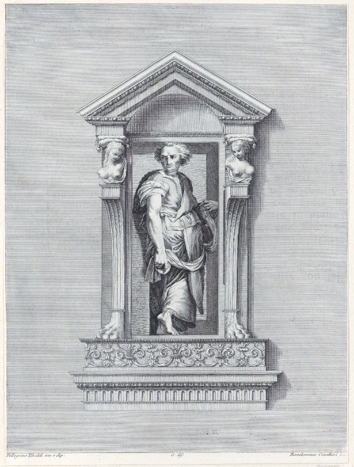 A standing man in a niche looking toward the left Met DP885409