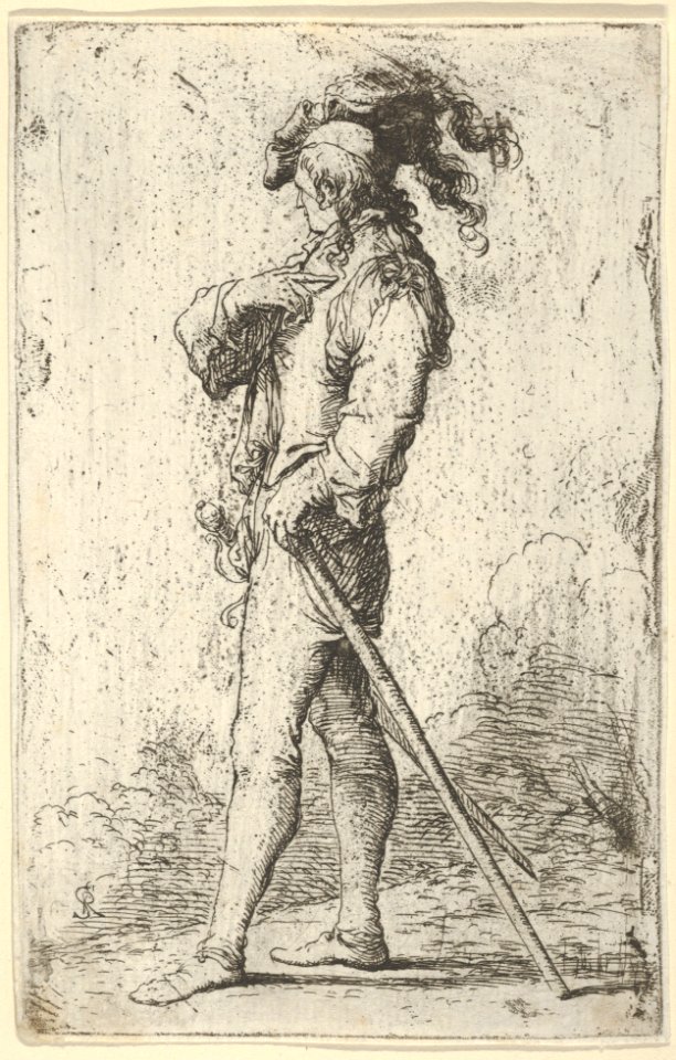 A warrior facing left wearing a plumed hat and holding a cane, from the series 'Figurine' MET DP836196