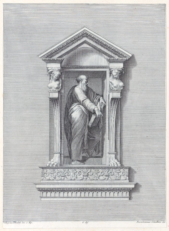 A standing man in a niche holding an open book Met DP885411