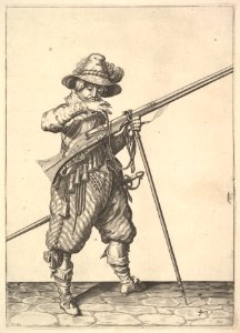 A soldier blowing on a match, from the Musketeers series, plate 40, in Wapenhandelinghe van Roers Musquetten Ende Spiessen (The Exercise of Arms) MET DP828803. Free illustration for personal and commercial use.