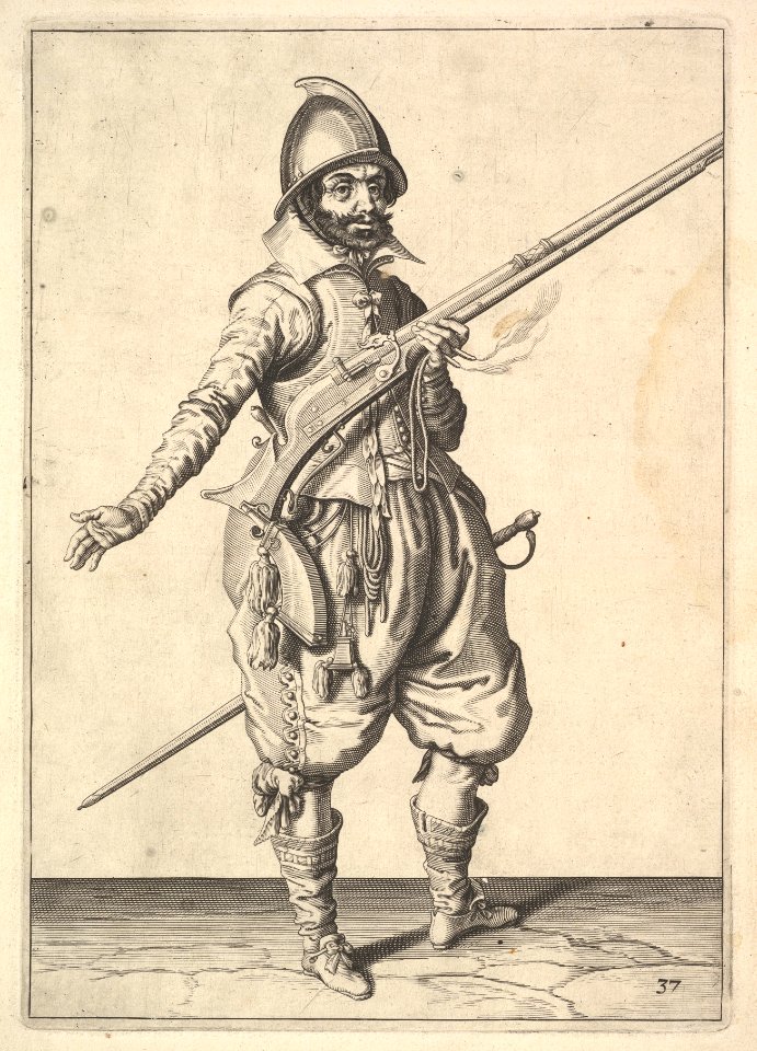 A soldier on guard freeing his right hand, from the Marksmen series, plate 37, in Wapenhandelinghe van Roers Musquetten Ende Spiessen (The Exercise of Arms) MET DP828797