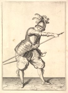 A soldier sliding his right hand along the training-pike, from the Lansquenets series, plate 22, in Wapenhandelinghe van Roers Musquetten Ende Spiessen (The Exercise of Arms) MET DP828802. Free illustration for personal and commercial use.