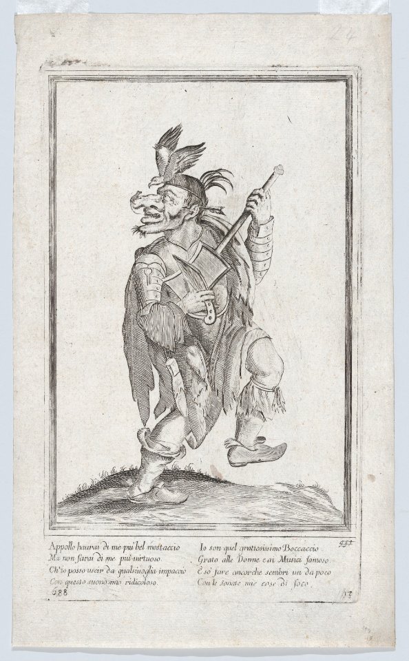 A grotesque figure representing a street musician(?) with a mouse (lizard?) on his nose and a bird on his head MET DP872955