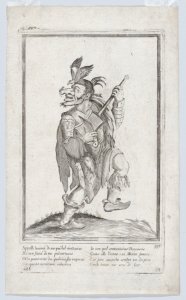 A grotesque figure representing a street musician(?) with a mouse (lizard?) on his nose and a bird on his head MET DP872955
