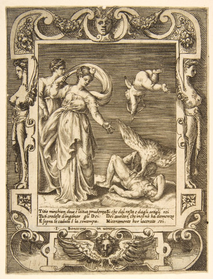A vulture eating the innards of Titius, Cupid above two women to the left, set within and elaborate frame, from 'Loves, Rages and Jealousies of Juno' MET DP812648