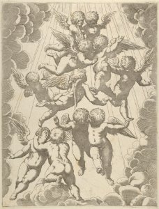 A group of angels embracing in flight, framed by clouds, after Reni MET DP839087