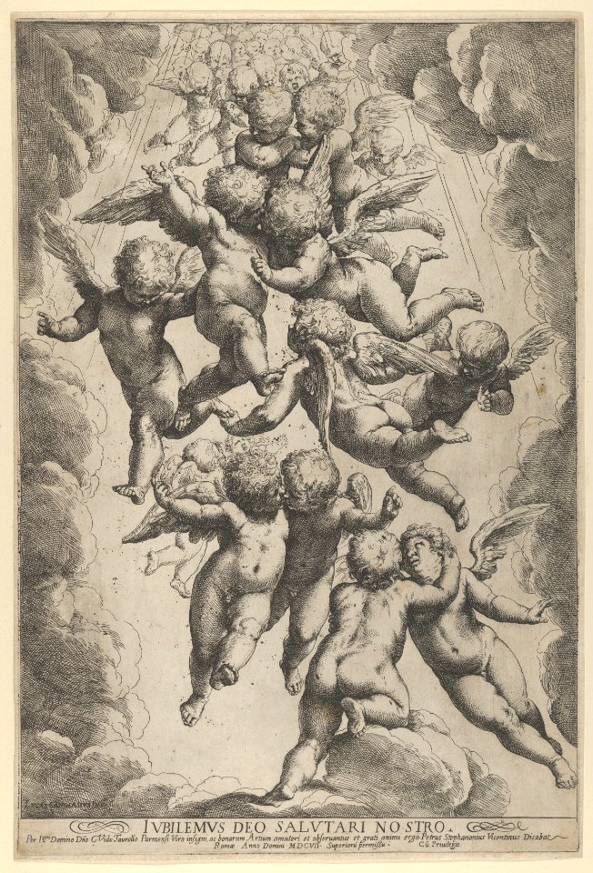 A group of angels embracing in flight, framed by clouds MET DP838026